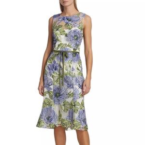 Marchesa Blue and Green Floral Midi Dress